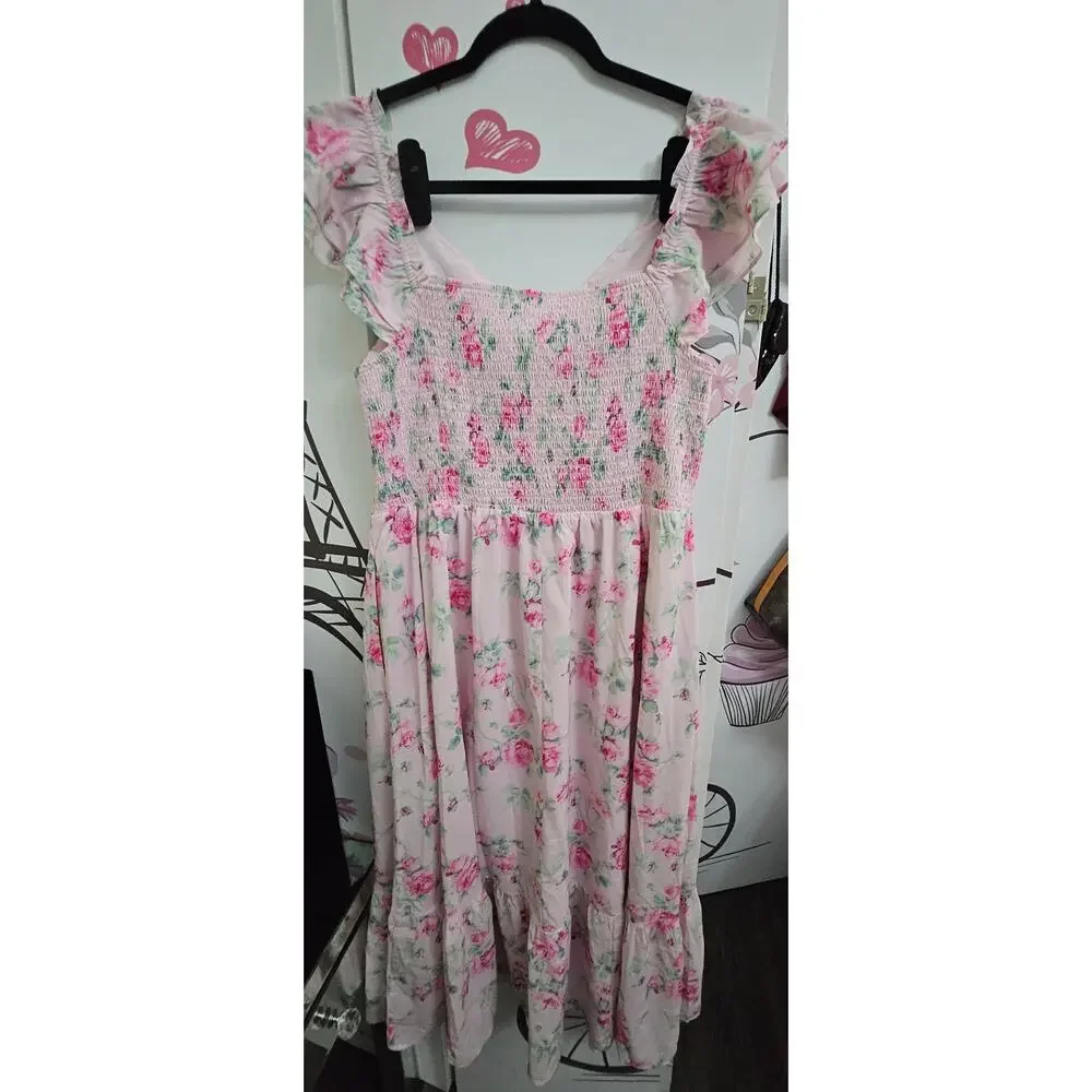 #283 MSRP $53 NWT GRACE KARIN LIGHT PINK FLORAL SMOCKED TIERED MAXI ♡SIZE XL♡